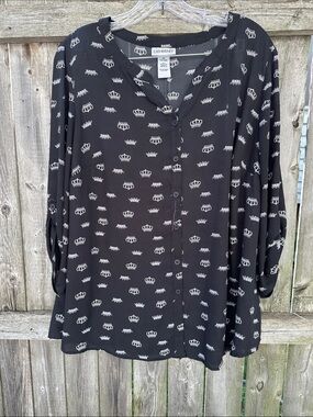 Catherines Black Button-Down Shirt with White Crown Print